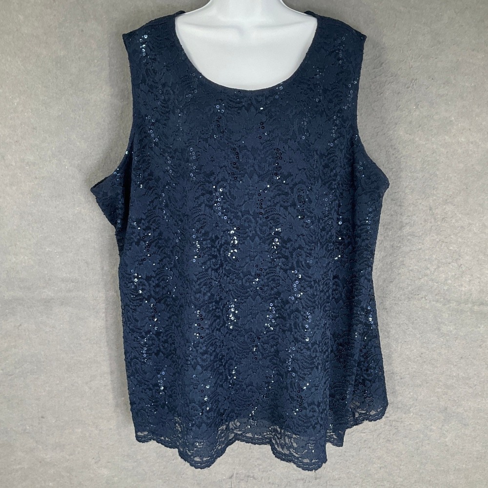 Catherines Plus Size 32W Navy Blue Lace Sequin Tank Top Sleeveless‎ Evening